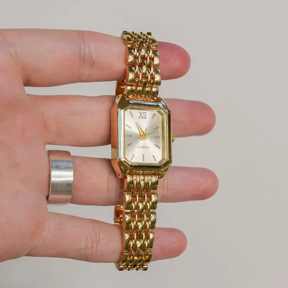 Gold Rectangle Analog Watch White Dial - Picture 8 of 12